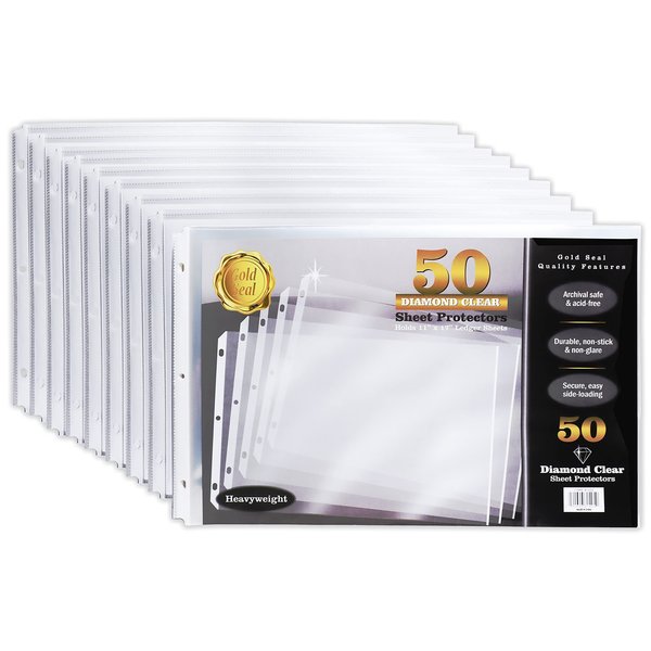 Gold Seal Sheet Protectors, 11in. x 17in. Heavyweight Diamond Clear Poly, Side Loading, Ledger Size, 50PK 81405
